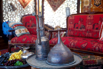 Azerbaijan traditional dishware. Antique copper pots