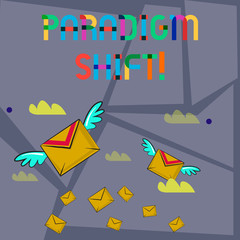 Word writing text Paradigm Shift. Business photo showcasing fundamental change in approach or underlying assumptions Many Colorful Airmail Flying Letter Envelopes and Two of Them with Wings