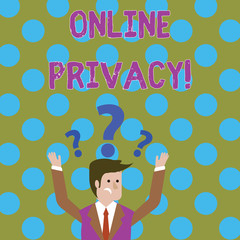 Handwriting text writing Online Privacy. Conceptual photo involves the control of what information you reveal online Confused Businessman Raising Both Arms with Question Marks Above his Head