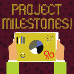 Word writing text Project Milestones. Business photo showcasing duration that shows an important achievement in a project Hands Holding Tablet with Search Engine Optimization Driver Icons on Screen