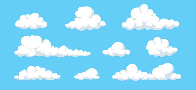 Clouds set isolated on a blue background. Simple cute cartoon design. Icon or logo collection. Realistic elements. Flat style vector illustration.