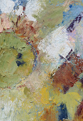 Multicolor abstract background and oil paint texture. Gold foil on cyan backdrop with brush textures for vertical banner.