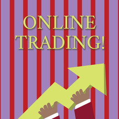 Handwriting text writing Online Trading. Conceptual photo the buying and selling financial products on the web photo of Hand Holding Colorful Huge 3D Arrow Pointing and Going Up