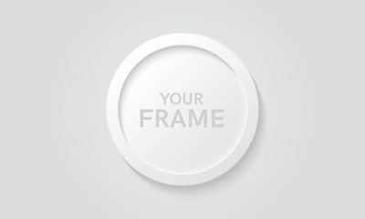 Round picture frame isolated on a wall. White color. Realistic modern template. Circle format. Mock up for pictures or photo. Beautiful minimal clean design. Eps 10 vector illustration.