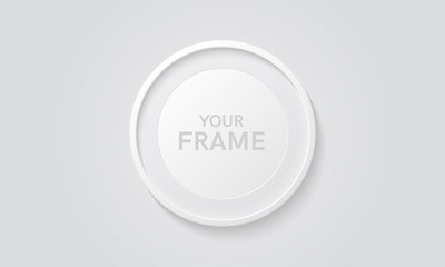 Round picture frame isolated on a wall. White color. Realistic modern template. Circle format. Mock up for pictures or photo. Beautiful minimal clean design. Eps 10 vector illustration.