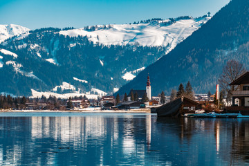 Beautiful alpine winter view with reflections at the famous Piller lake-Tyrol-Austria