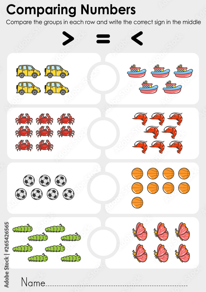 Wall mural comparing numbers worksheet for education. - compare the groups in each row and write the correct si