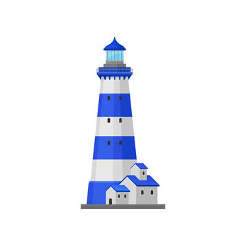 Lighthouse with stripes near the house. Vector illustration.