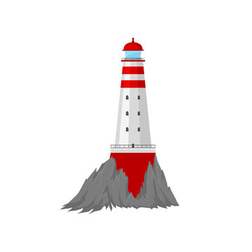 Lighthouse is surrounded by cliffs. Vector illustration.