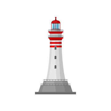 Lighthouse with stripes on the pedestal. Vector illustration.