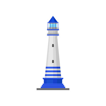 Lighthouse with a triangular roof. Vector illustration.
