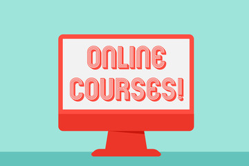 Writing note showing Online Courses. Business concept for courses deliver a series of lessons to a web browser Desktop Computer Colorful Monitor Screen Freestanding Table