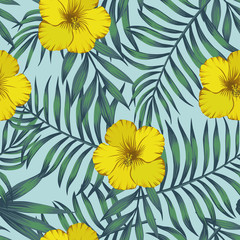 Yellow hibiscus leaves blue tone seamless