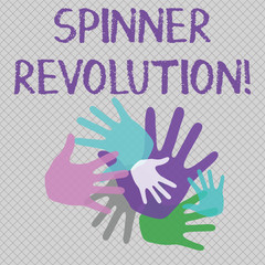 Word writing text Spinner Revolution. Business photo showcasing a toy that help relieve stress and cope with anxiety Color Hand Marks of Different Sizes Overlapping for Teamwork and Creativity