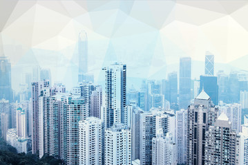 Futuristic urban skyline on blue polygon background. Global communication and network 
