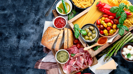 Italian food ingredients. Top view with copy space