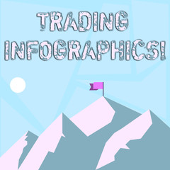 Word writing text Trading Infographics. Business photo showcasing visual representation of trade information or data Mountains with Shadow Indicating Time of Day and Flag Banner on One Peak