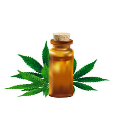 Hemp oil and cannabis leaf isolated on white background. Healthy cannabis oil, vector illustration.