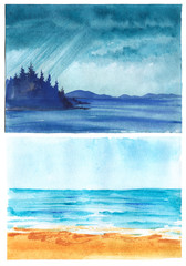 Set of two postcard background of seascape. Sunny day on the beach? rain in on the island lake. Hand drawn on textural paper illustration.