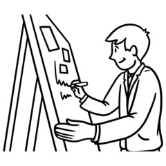 A businessman writes to a blackboard at a workshop. Vector illustration in black white, comic, isolated.