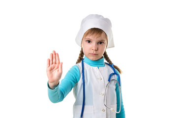 Young cute female nurse over isolated background doing stop sing with palm of the hand. Warning...