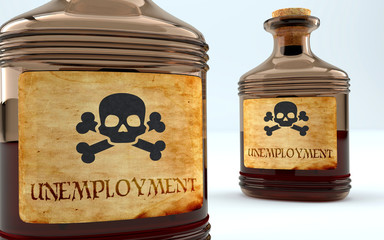 Dangers and harms of unemployment pictured as a poison bottle with word unemployment, symbolizes negative aspects and bad effects of unhealthy unemployment, 3d illustration