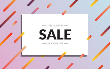 Sale banner vector template. Up to 50% off sale design in abstract flat colorful style. Discount offer. Square card with saling text for banner, web, poster, ad, brochure, coupon, email
