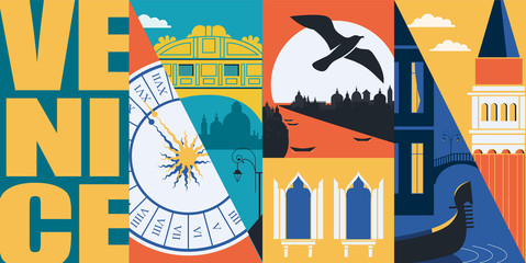 Venice, Italy vector banner, illustration. City views, historical buildings