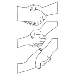 outline drawing of hands shaking from three different perspectives. Vector illustration, isolated set of hands in black and white.