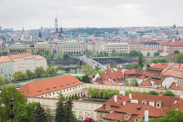 Fototapeta na wymiar City Prague, Czech Republic. City from the hill, houses, roffs and streets. 2019. 24. April.