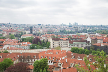 Fototapeta na wymiar City Prague, Czech Republic. City from the hill, houses, roffs and streets. 2019. 24. April.