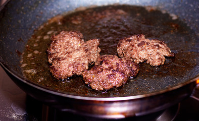 Hamburger cutlet frying on pan.Natural meet loaf pieces cooking in the kitchen.Burger sandwich meat being cooked