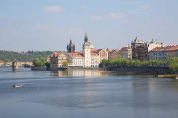 Fototapeta premium City Prague, Czech Republic. View to the river and bridges from river Vltava. Spring. 2019. 24. April. Travel photo.