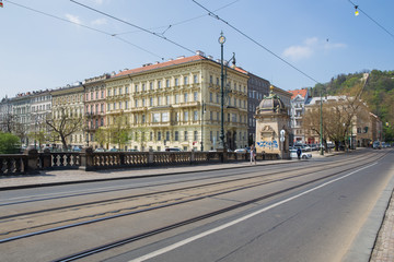 City Prague, Czech Republic. Old Prague city center. Street and old architecture. April 24. 2019