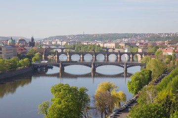 City Prague, Czech Republic. View from the mountain to the river and bridges. Spring. 2019. 24. April.