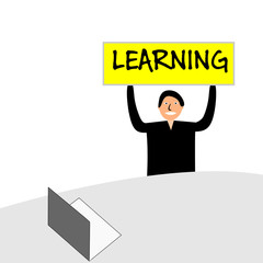 Banner with the words "learning". The man sits at a desk with a laptop.