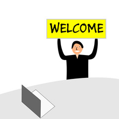 Banner with the words "welcome". The man sits at a desk with a laptop.