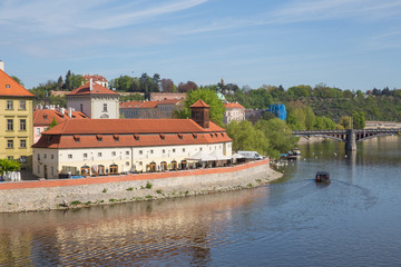 Naklejka premium City Prague, Czech Republic. Old buildings and street view. Vltava river. Travel photo 2019
