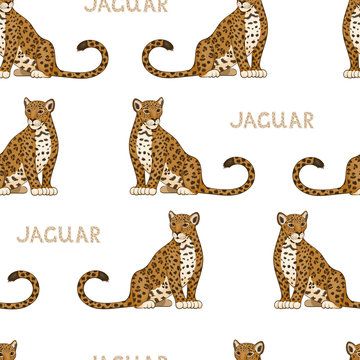 Vector seamless pattern with cartoon jaguars. Colored seamless background