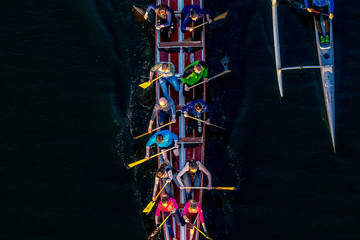 23/04/2019 Zhytomyr, Ukraine, Kayaking with rowers sailing along the river, athletes are practicing...