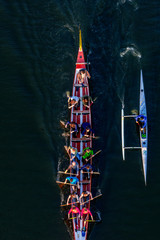 23/04/2019 Zhytomyr, Ukraine, Kayaking with rowers sailing along the river, athletes are practicing...