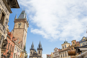 Fototapeta na wymiar City Prague, Czech Republic. Old buildings, rufs and street view. Travel photo 2019. 26. April