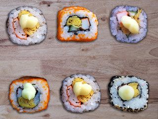  Japanese Food on wooden table. closeup