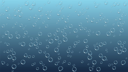 Accumulation of transparent water drops on blue background. Condensation of liquid on the surface.