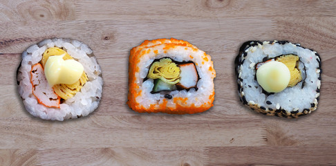  Japanese Food on wooden table. closeup