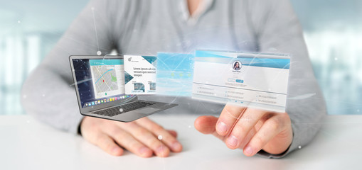 Businessman holding a Website application going out a laptop screen 3d rendering