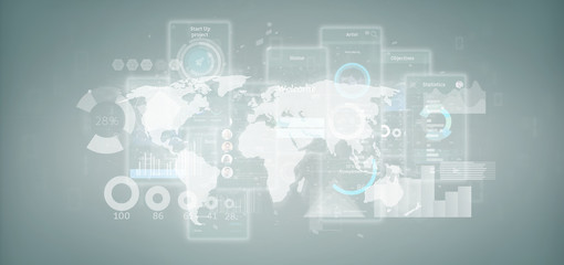 User interface screens with icon, stats and data 3d rendering