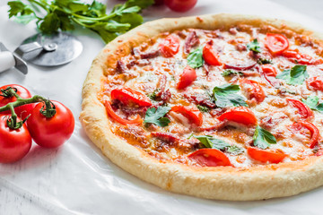 Pizza with mozzarella and tomatoes on the table