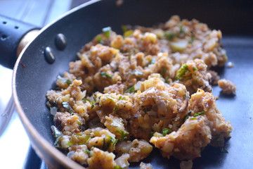 Vegan mixture being cooked to make patties in Sri Lanka
