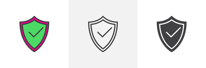 Security shield protected icon. Line, glyph and filled outline colorful version, Protection shield with check mark outline and filled vector sign. Symbol, logo illustration. Different style icons set